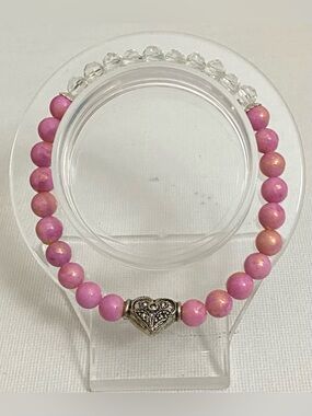 Genuine Rhodonite and Quartz crystals with heart charm bracelet